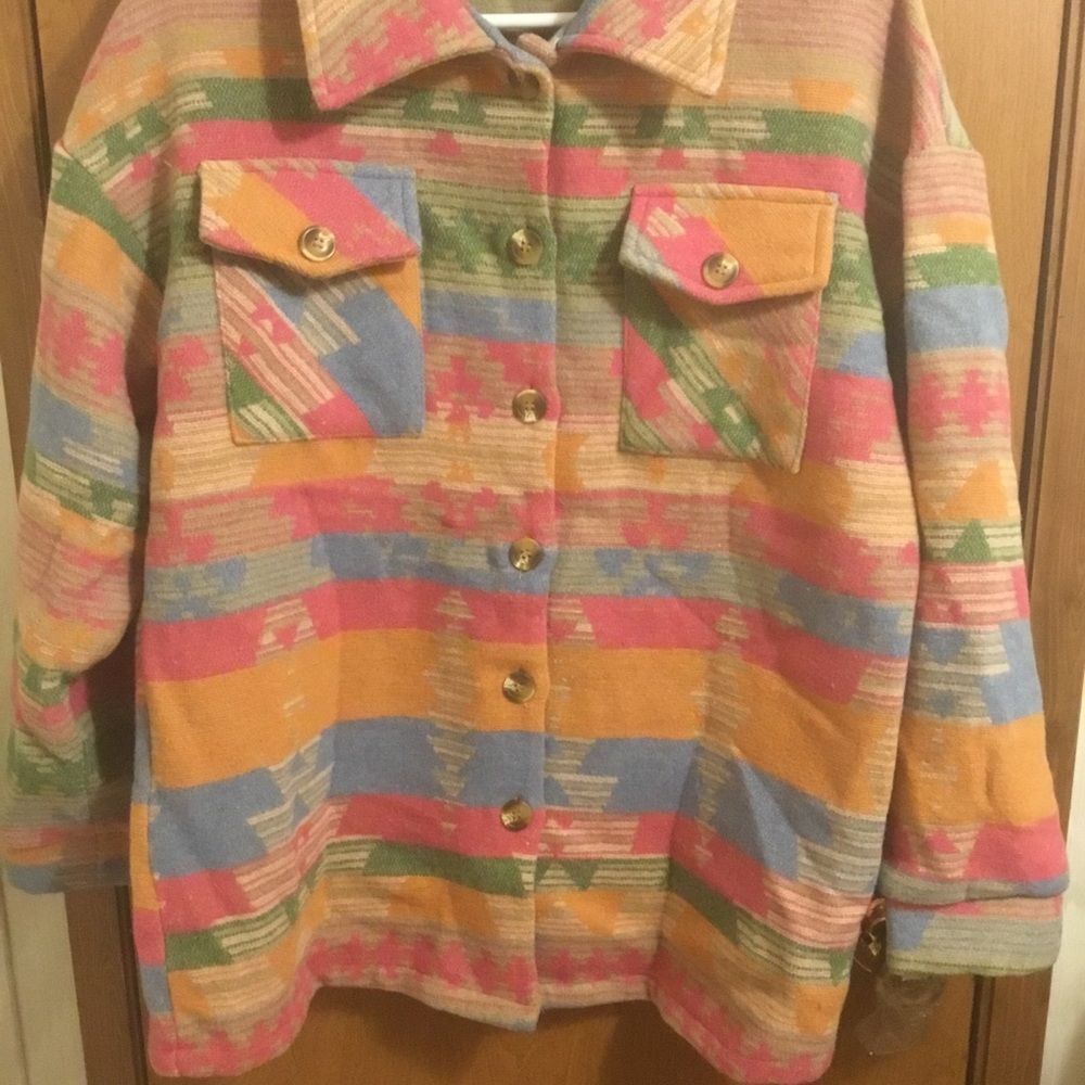 Aztec Western Colorblock Long Shacket Color Block Ethic Button Jacket M - Picture 5 of 6